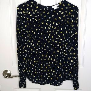 H&M Navy background Yellow flowers floral long-sleeved keyhole button on back 6